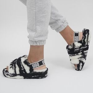 UGG Black and White Fluffy Slippers